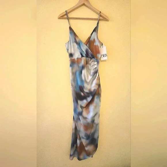 Zara Camisole Dress Women's Small Multi Tie Dye Pleated Slit Hem  size XS NWT - Picture 7 of 10